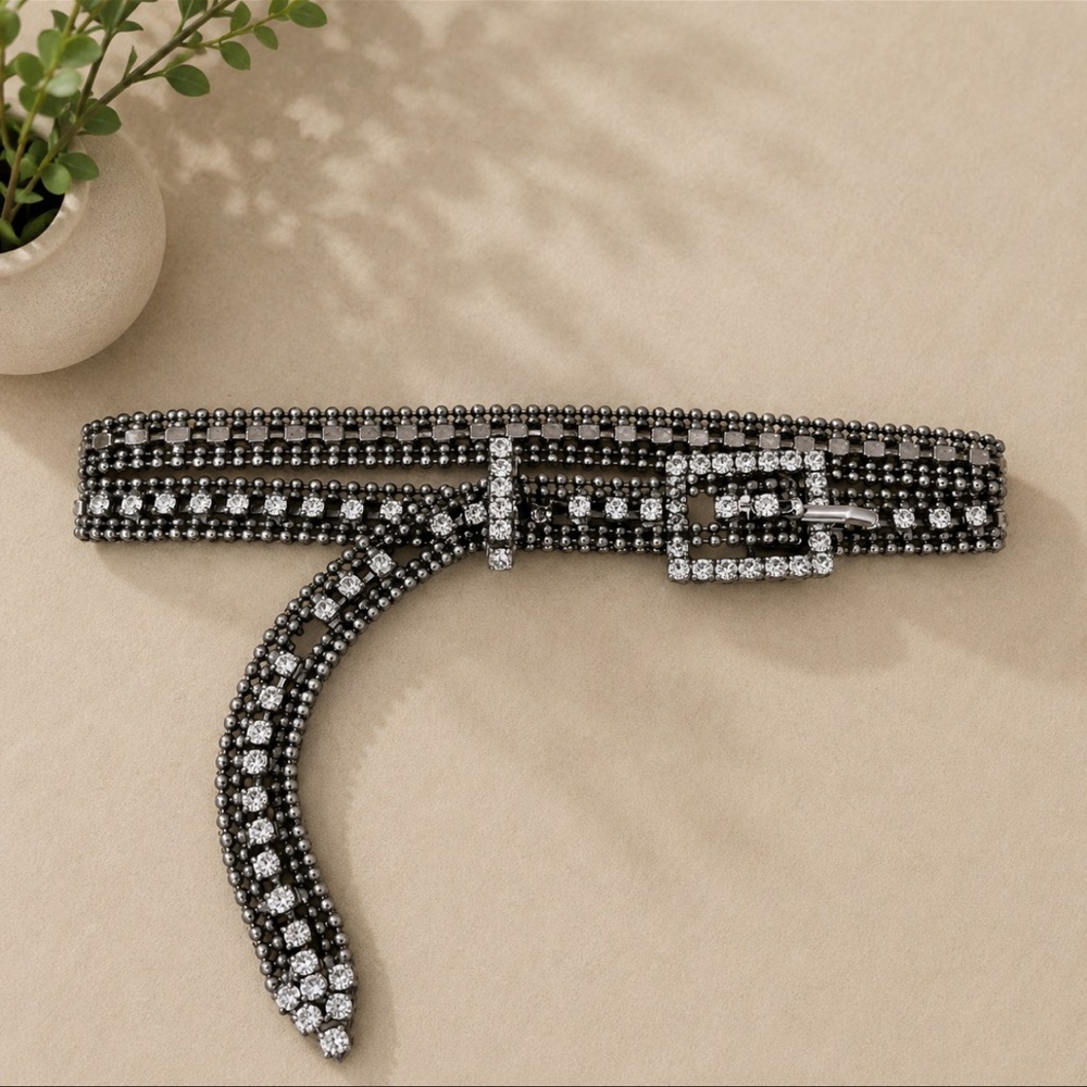 Silver & Gunmetal Rhinestone Statement Belt XS Y2K Glam